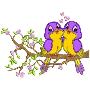 Two Birds In Love Sitting On A Branch With Hearts Applique Machine Embroidery Design Digitized Pattern